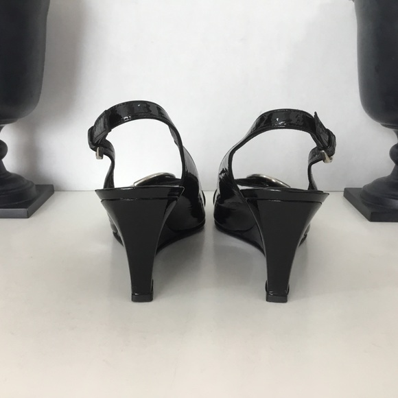 Stuart Weitzman Black Patent Peep Toe Wedges, 8M - Picture 5 of 8